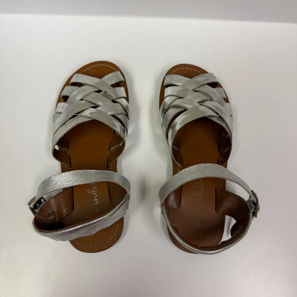 Mini Boden Kids Metallic Silver Strappy Sandals Size 32 Caged Buckle Ankle Strap
